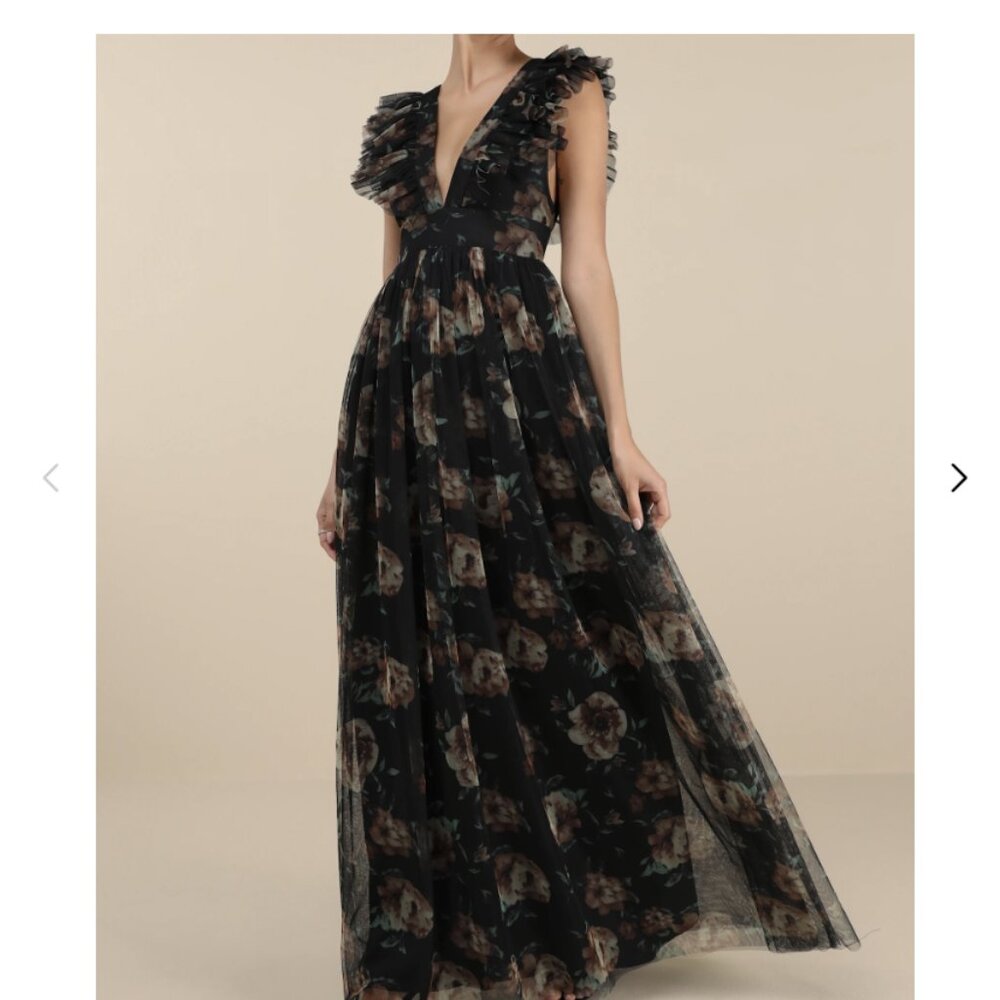NWT - Lulus Simply Delighted Black Floral Mesh Ruffled Backless Maxi Dress - M